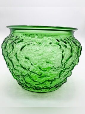 Vintage Planter E.O Brody 1970s Green Textured Glass Decorative Pot - Crinkle